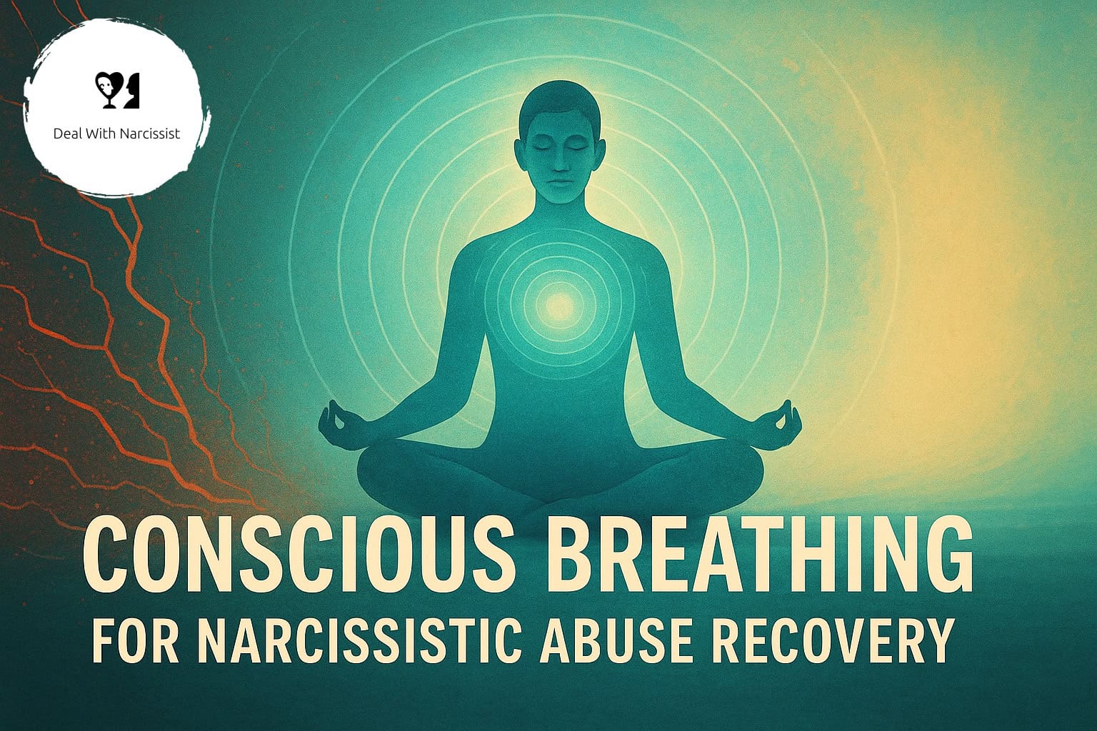 A calm teal and golden illustration of a person sitting cross-legged in meditation, glowing at the chest as soft circular waves of breath expand outward. On the left, faint red cracks symbolize the stress of narcissistic abuse fading away. Text reads “Conscious Breathing for Narcissistic Abuse Recovery.”
