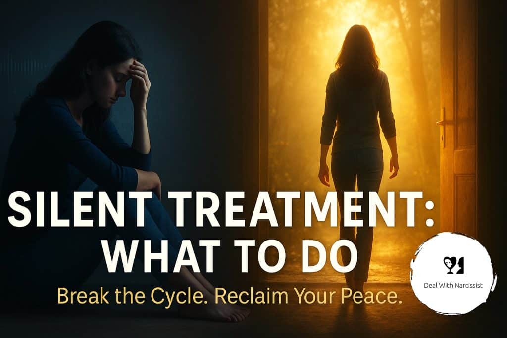 Split scene: a woman moves from cold silence to warm light, symbolizing recovery from narcissist’s silent treatment
