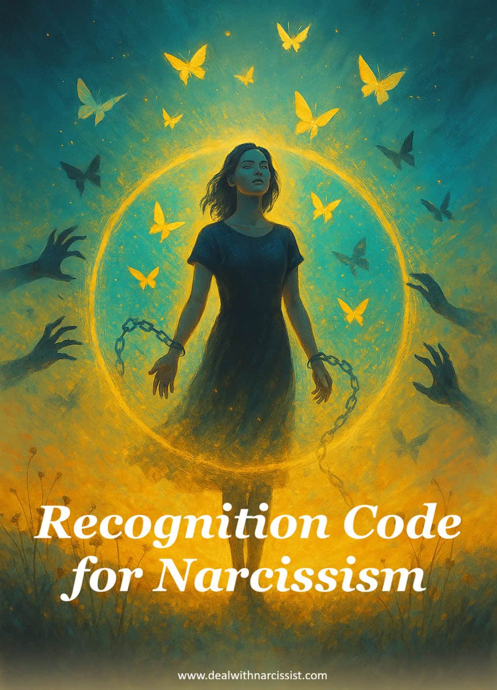 E-book The Recognition Code for Narcissism. A woman breaking free from the chains and look up with hope and compassion in a glowing light with nature and butterflies surrounding her. Symbolizing breaking free and reclaiming power.